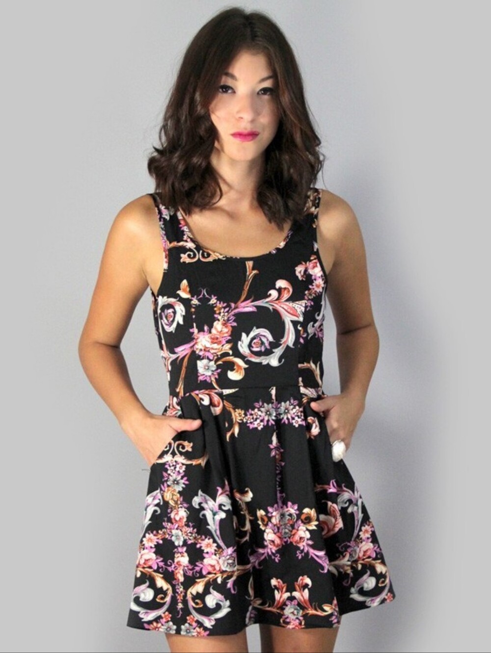 MINKPINK XS Melody Cross Back Baroque Floral Dress Black Pink Gold
